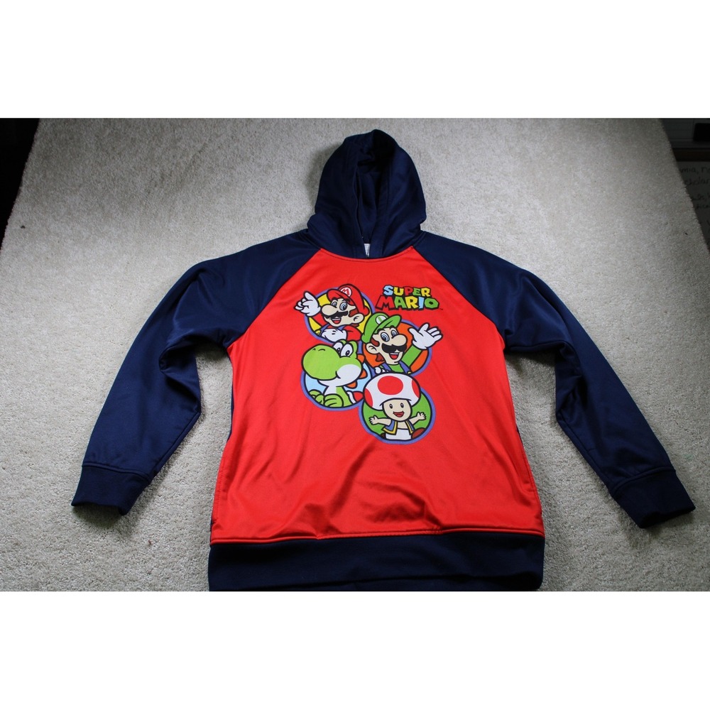 Super Mario Hoodie Youth XL 14 16 Red Blue Nintendo 2014 Graphic‎ Pullover Game